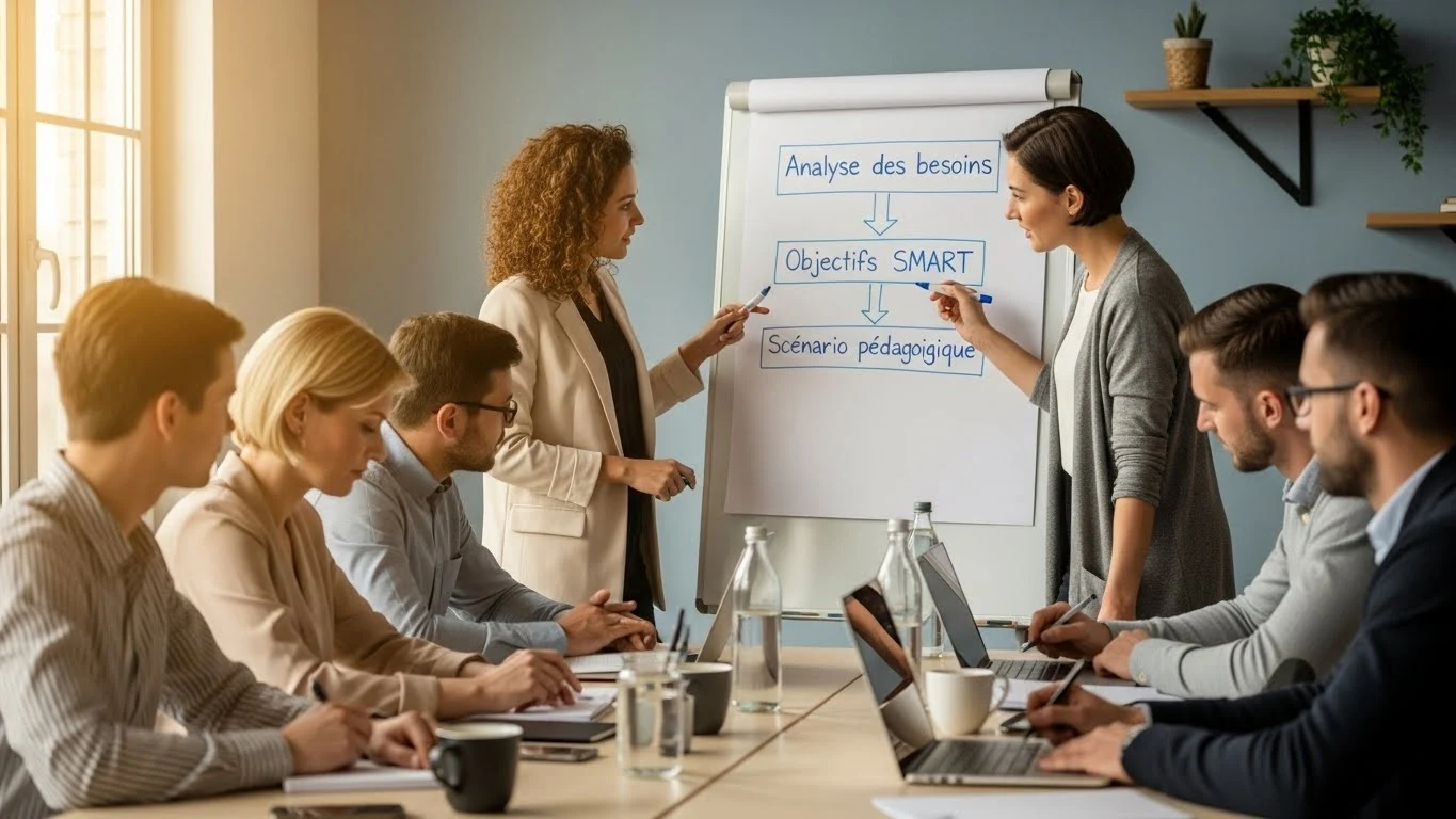 Deux expertes en formation accompagnent un groupe d'adultes dans un bureau moderne, tableau blanc avec Analyse des besoins, Objectifs SMART et Scénario pédagogique
