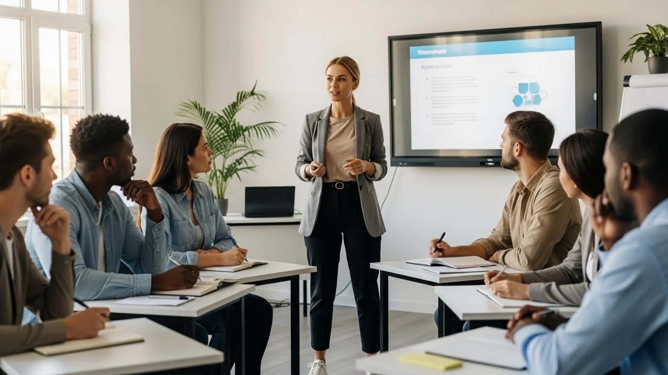 Stéphanie Lombardo formateur en salle, posture ouverte et communication avec groupe d’adultes