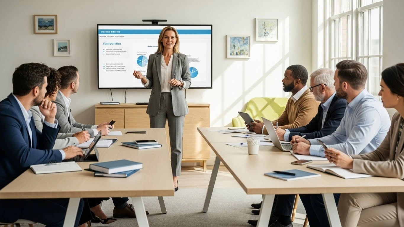 Professeur des écoles reconverti formateur adultes - session de formation Un professeur des écoles devenu formateur pour adultes animant une session de formation dans une salle moderne et lumineuse avec participants adultes attentifs, tablettes et supports pédagogiques visibles, style professionnel et vêtements urbains