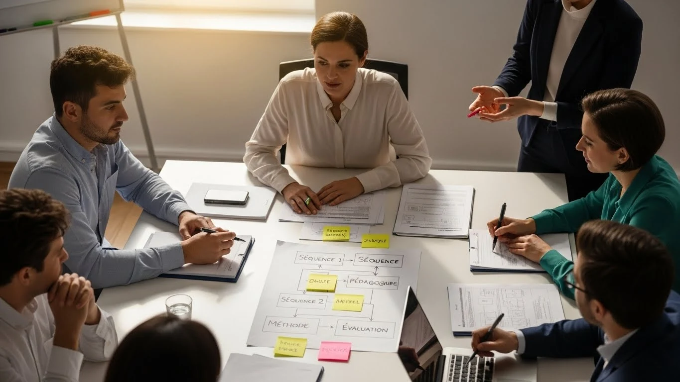 Formation Scénario pédagogique - Coaching par Stéphanie Lombardo Scène réaliste d'une experte en formation guidant un petit groupe d'adultes dans un scénario pédagogique, avec tableau blanc et participants prenant des notes